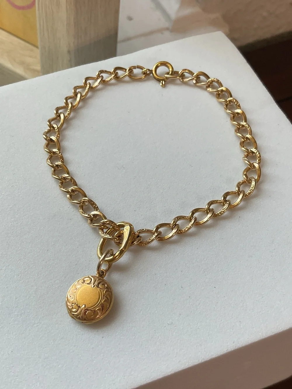 Vintage Gold Filled Etched Chain Link Locket Bracelet 7”